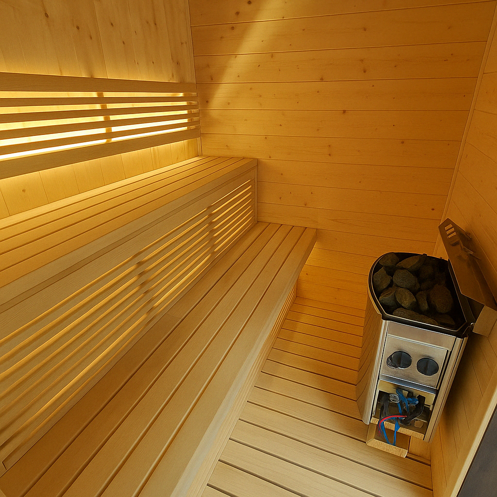 Back-lit wooden bench in sauna interior
