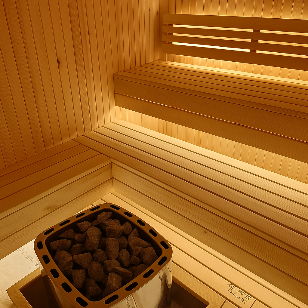 Modern sauna heater inside wooden sauna cabin