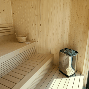 Custom-built exterior sauna with glass walls