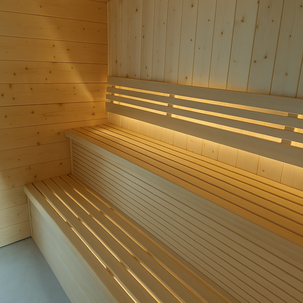 Interior sauna made from Nordic Spruce with wooden bucket and heater
